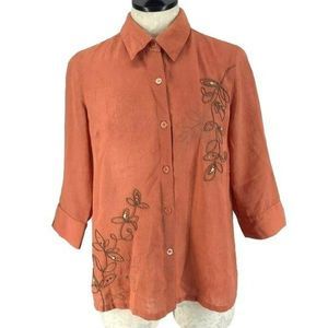 Napa Valley Women's Embroidered Burnt Orange Button‎ Down Safari Blouse Small